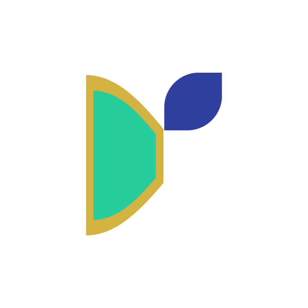 A stylized logo featuring a green shape with a gold outline and a blue leaf, symbolizing growth and innovation.