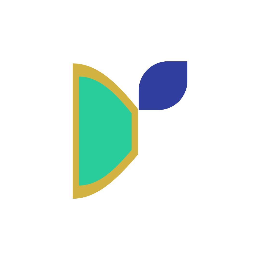 A stylized logo featuring a green shape with a gold outline and a blue leaf, symbolizing growth and innovation.