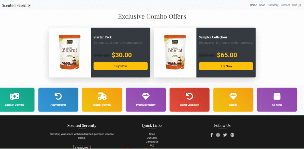 Homepage of a E-commerce featuring menu items, location, and contact information.