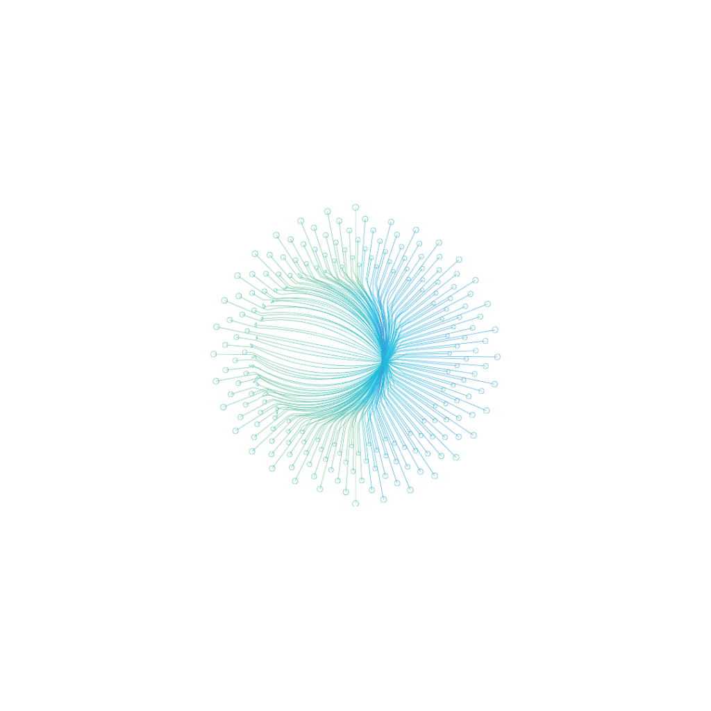 Abstract blue and green sphere with radiating lines, resembling a stylized virus or cellular structure against a black background.