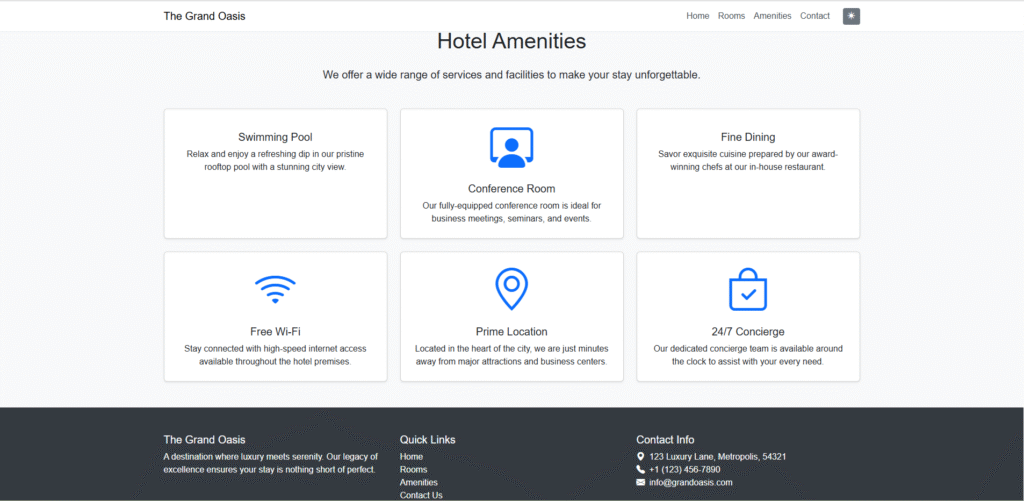Hotel app page displayed on a website, featuring booking options and hotel information.