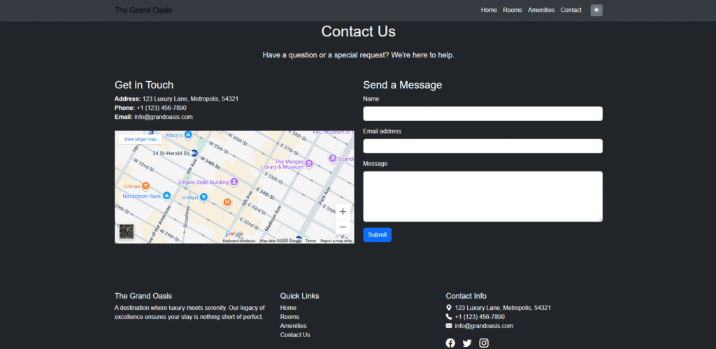 Contact form template featuring fields for name, email, message, and a submit button on a clean layout.