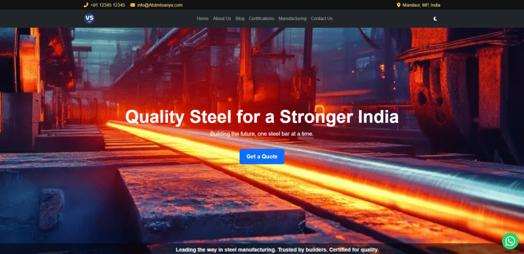 Homepage of a steel manufacturing company showcasing products and services in a professional layout.