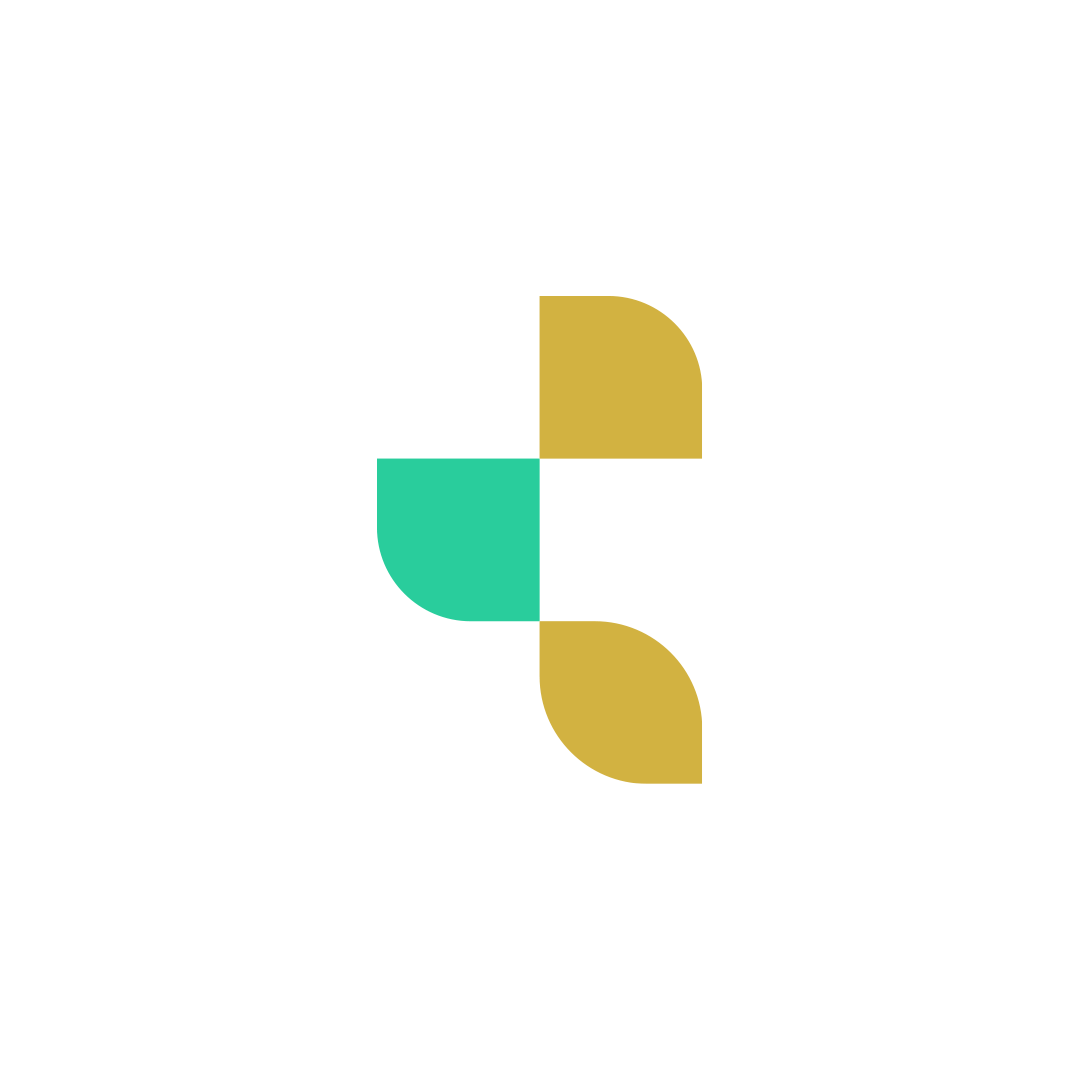 A minimalist logo featuring geometric shapes in teal and gold on a black background, symbolizing innovation and connectivity.