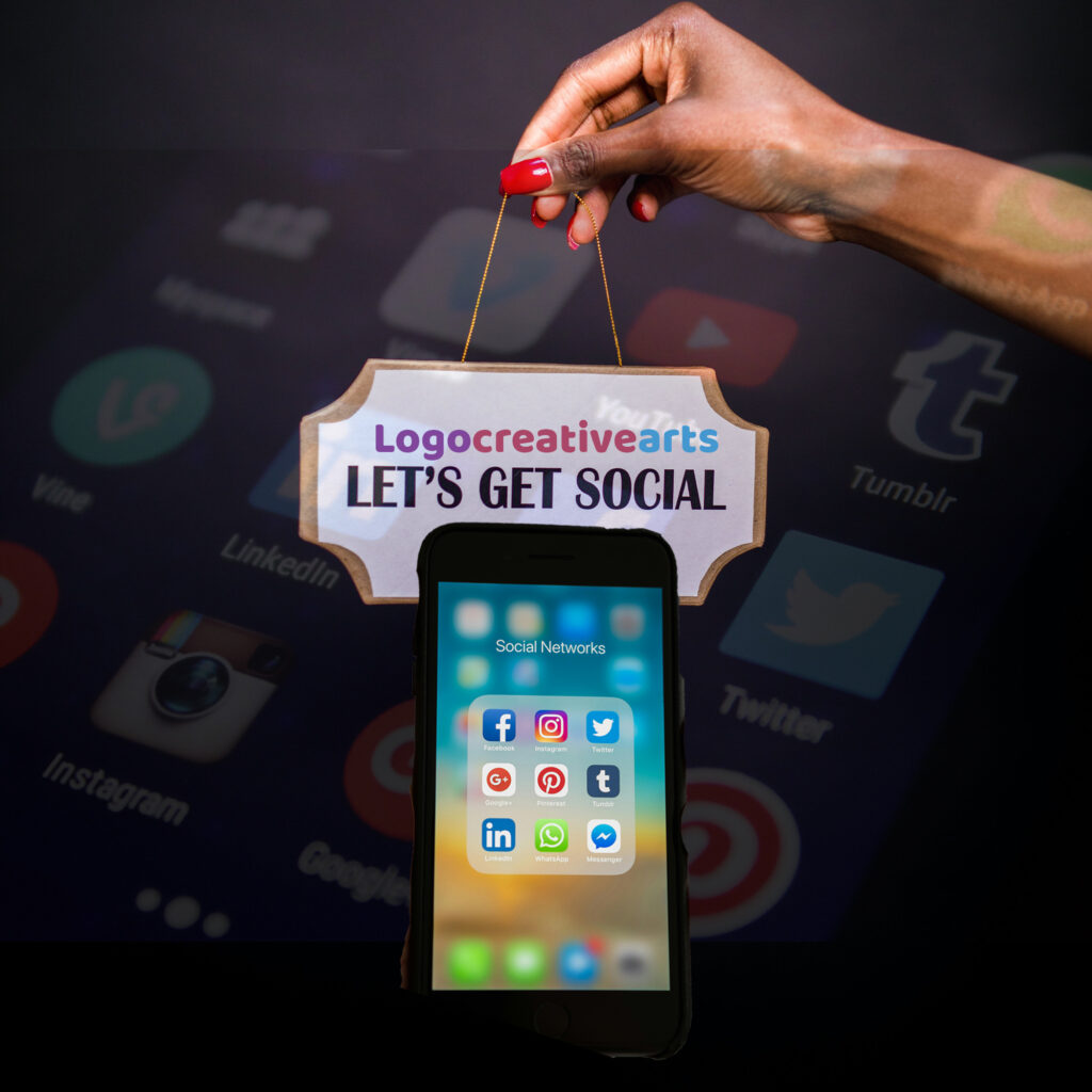 Logo featuring creative elements with the text "Let's Get Social" in a modern design.