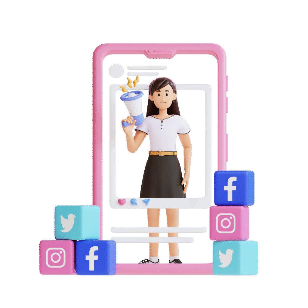 A woman holds a sound while looking at social media icons on her smartphone.