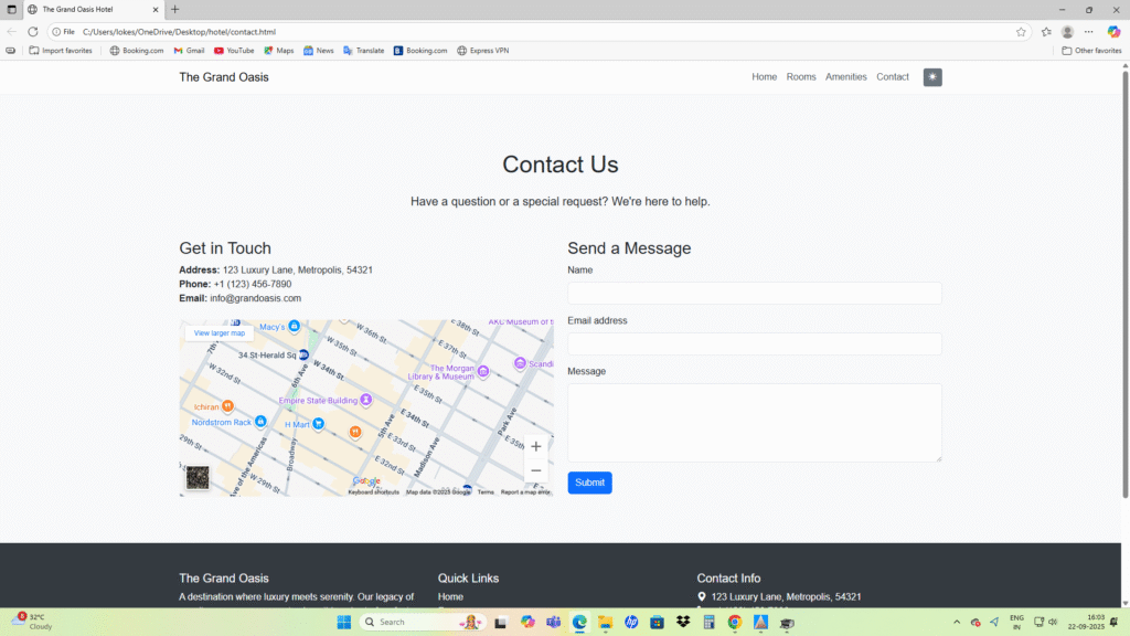 Interactive map showing the business office address and location. Main exterior photograph of the company headquarters and building facade Graphic of an envelope and phone icon symbolizing contact options