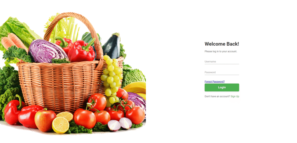 A webpage displaying a Login page background alongside a Fruits and vegetable bucket image, emphasizing a unified color scheme.